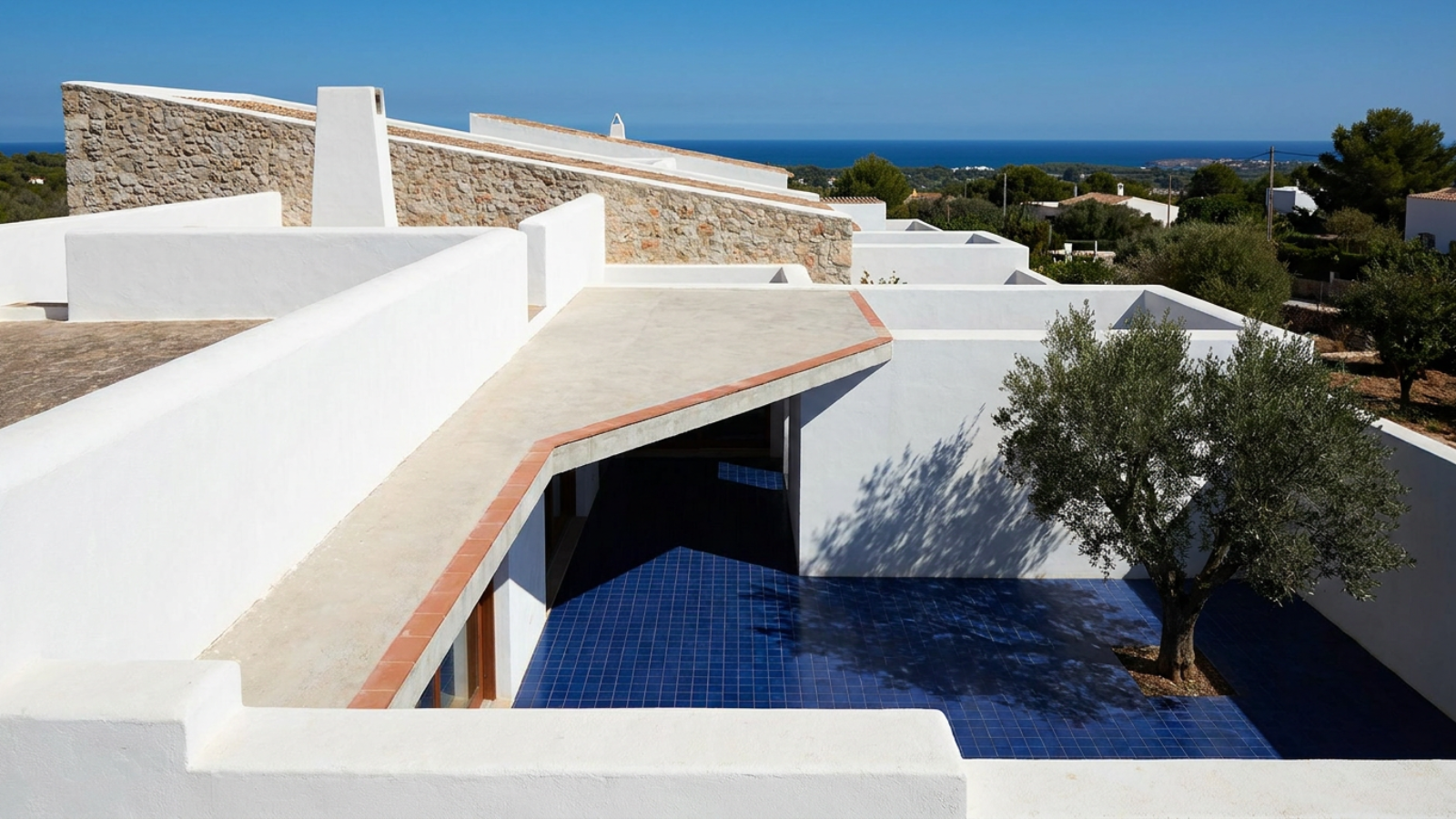 Generated architectural study: a terraced hillside house seen from above as a stack of layered terraces over a shaded courtyard, with a dropped floor plate visible.