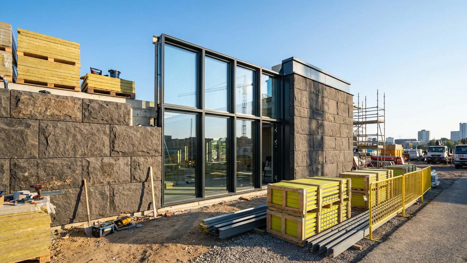 Generated architectural study: a building envelope part-way through assembly, with a mineral wall, high-performance glazing and the sequence of layers left visible.